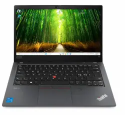 Lenovo ThinkPad T14 refurbished Grade A laptop i elegant sort design vist på hvid baggrund. Den bærbare computer har 14” Full HD-skærm med grøn naturbaggrund, dansk tastatur, TrackPoint og Intel Core i5-processor. Ideel til kontor, studie og erhverv
