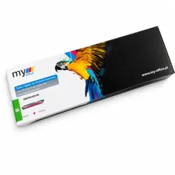 Fritlagt produktbillede af kompatibel magenta tonerpatron fra MyOffice til Brother laserprintere. Emballagen har sort og hvidt design med farverig papegøje og er optimeret til webshop med ren hvid baggrund.