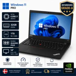 Lenovo ThinkPad P43s 14 tommer refurbished Grade A bærbar computer med Intel Core i7-8665U, 32 GB RAM, 1 TB SSD, Nvidia Quadro P520 og Windows 11 Pro.