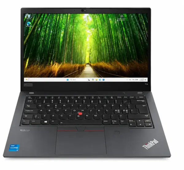 Lenovo ThinkPad T14 refurbished Grade A laptop i elegant sort design vist på hvid baggrund. Den bærbare computer har 14” Full HD-skærm med grøn naturbaggrund, dansk tastatur, TrackPoint og Intel Core i5-processor. Ideel til kontor, studie og erhverv
