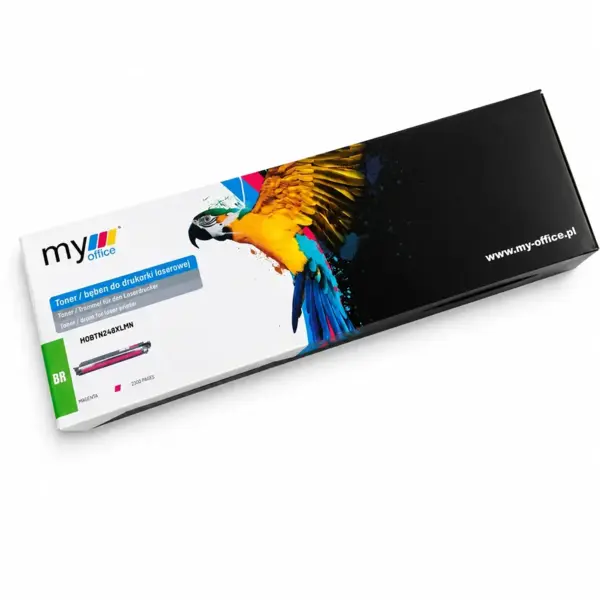 Fritlagt produktbillede af kompatibel magenta tonerpatron fra MyOffice til Brother laserprintere. Emballagen har sort og hvidt design med farverig papegøje og er optimeret til webshop med ren hvid baggrund.