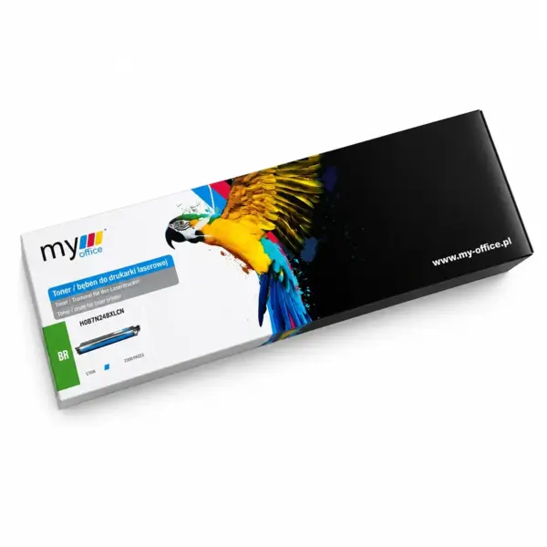 Produktbillede af kompatibel cyan tonerpatron til Brother laserprintere. Emballagen har hvid og sort baggrund med farverig papegøje og er fritlagt til webshop med ren hvid baggrund.