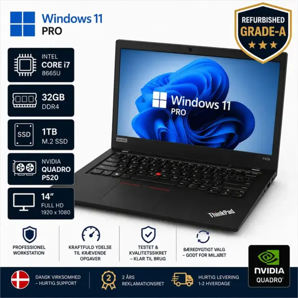 Lenovo ThinkPad P43s 14 tommer refurbished Grade A bærbar computer med Intel Core i7-8665U, 32 GB RAM, 1 TB SSD, Nvidia Quadro P520 og Windows 11 Pro.