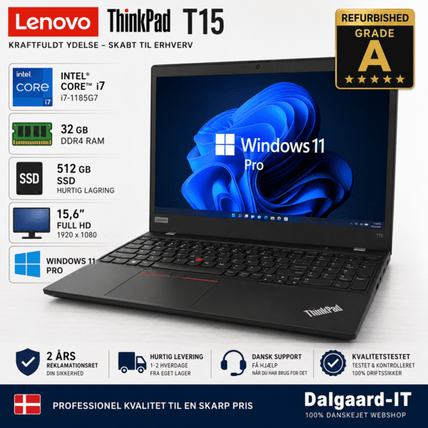 Lenovo ThinkPad T15 15,6 tommer med Intel Core i7, 32GB RAM, 512GB SSD og Windows 11 Pro Grade A