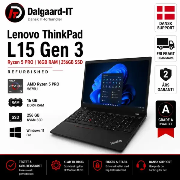 Lenovo ThinkPad L15 Gen 3 refurbished bærbar med Ryzen 5 PRO.