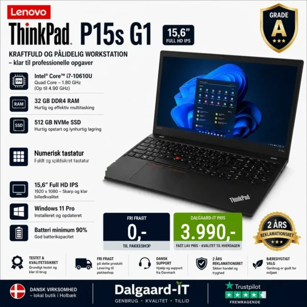 Lenovo ThinkPad P15s G1 med i7-10610U, 32GB RAM, 512GB SSD og Quadro P520