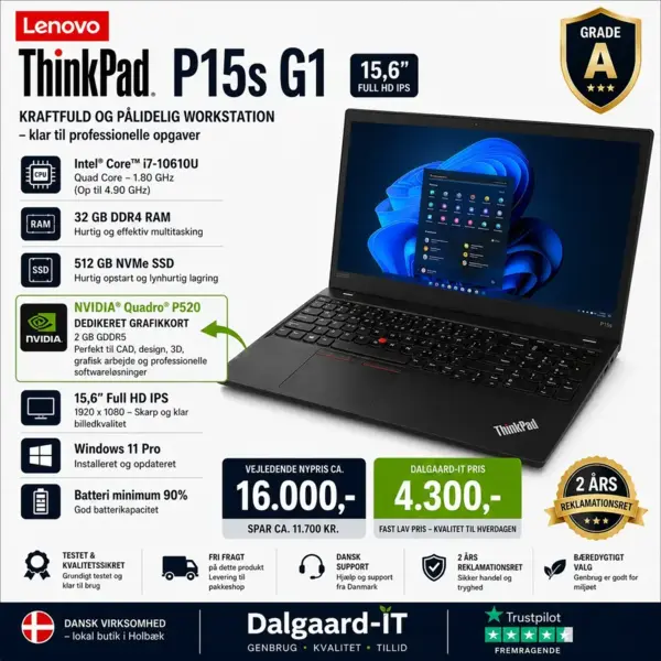 Lenovo ThinkPad P15s G1 med i7 32GB RAM 512GB SSD og NVIDIA Quadro P520