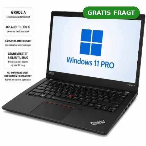 Genbrugt Lenovo ThinkPad T14s G2 bærbare computer i Grade A med Windows 11 PRO og garanti-badges