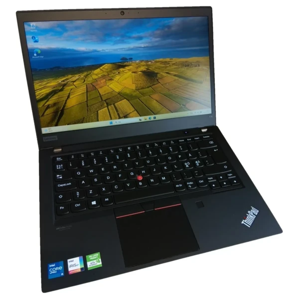 Lenovo ThinkPad T14 G2 bærbar med 14" skærm, dansk tastatur og Windows 11, set skråt forfra – ekstra lang batteritid