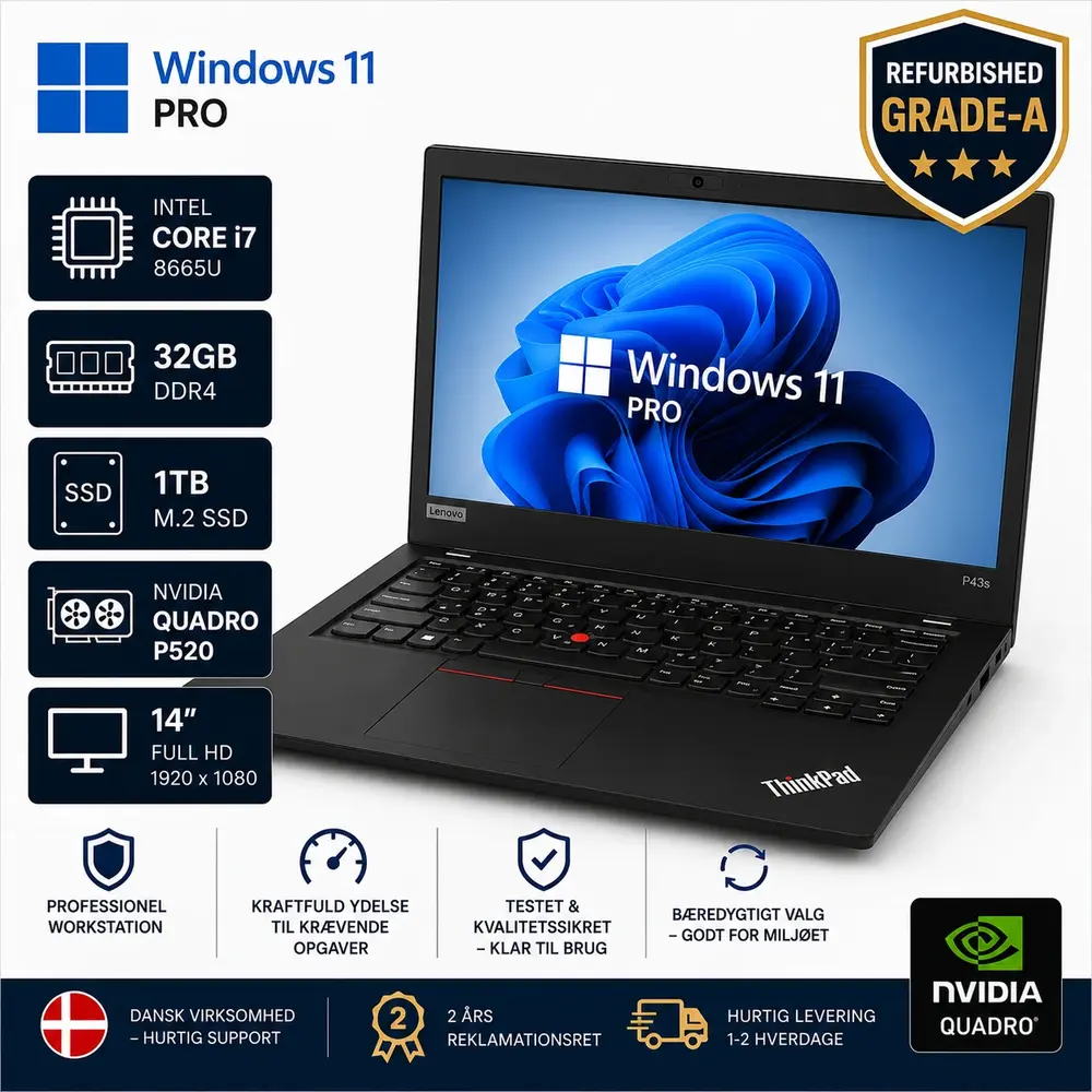 Lenovo ThinkPad P43s i7-8665U 32GB RAM 1TB SSD Nvidia Quadro P520 14" Windows 11 Pro Grade A