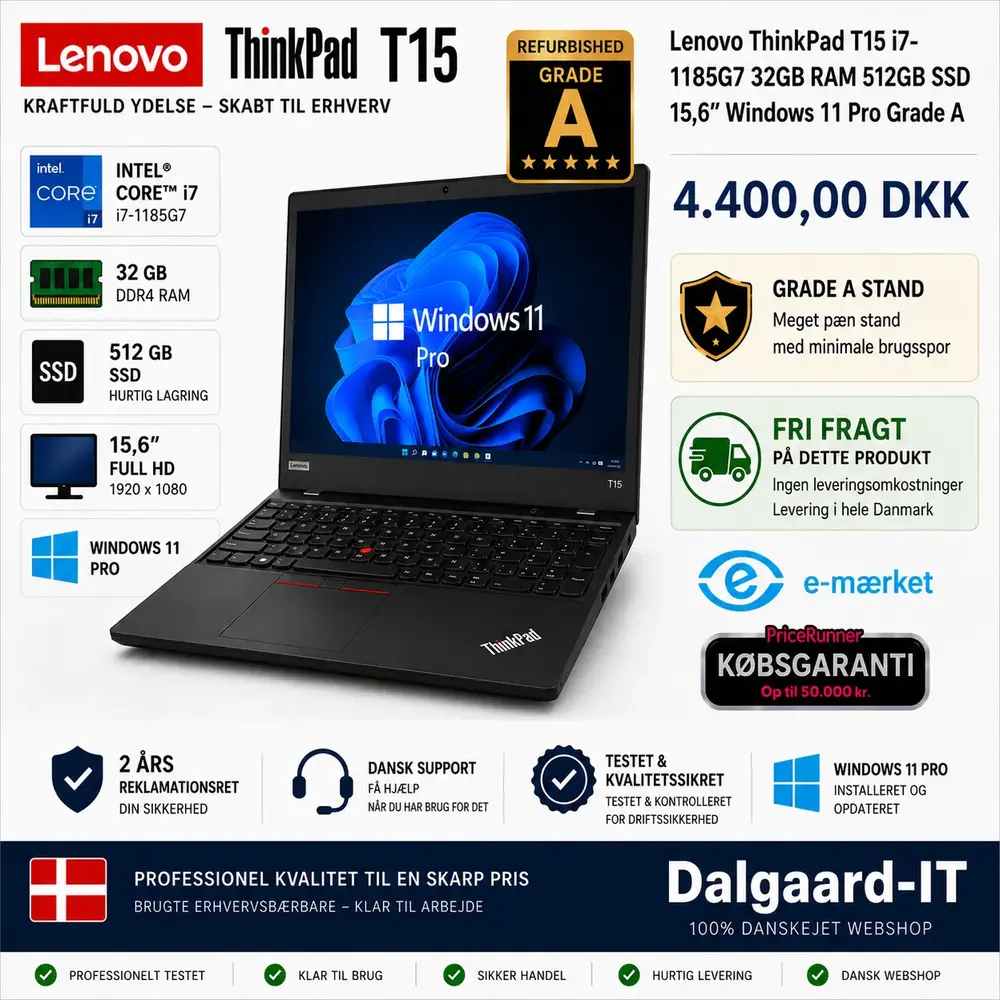 Lenovo ThinkPad T15 i7-1185G7 32GB RAM 512GB SSD 15,6" Windows 11 Pro Grade A