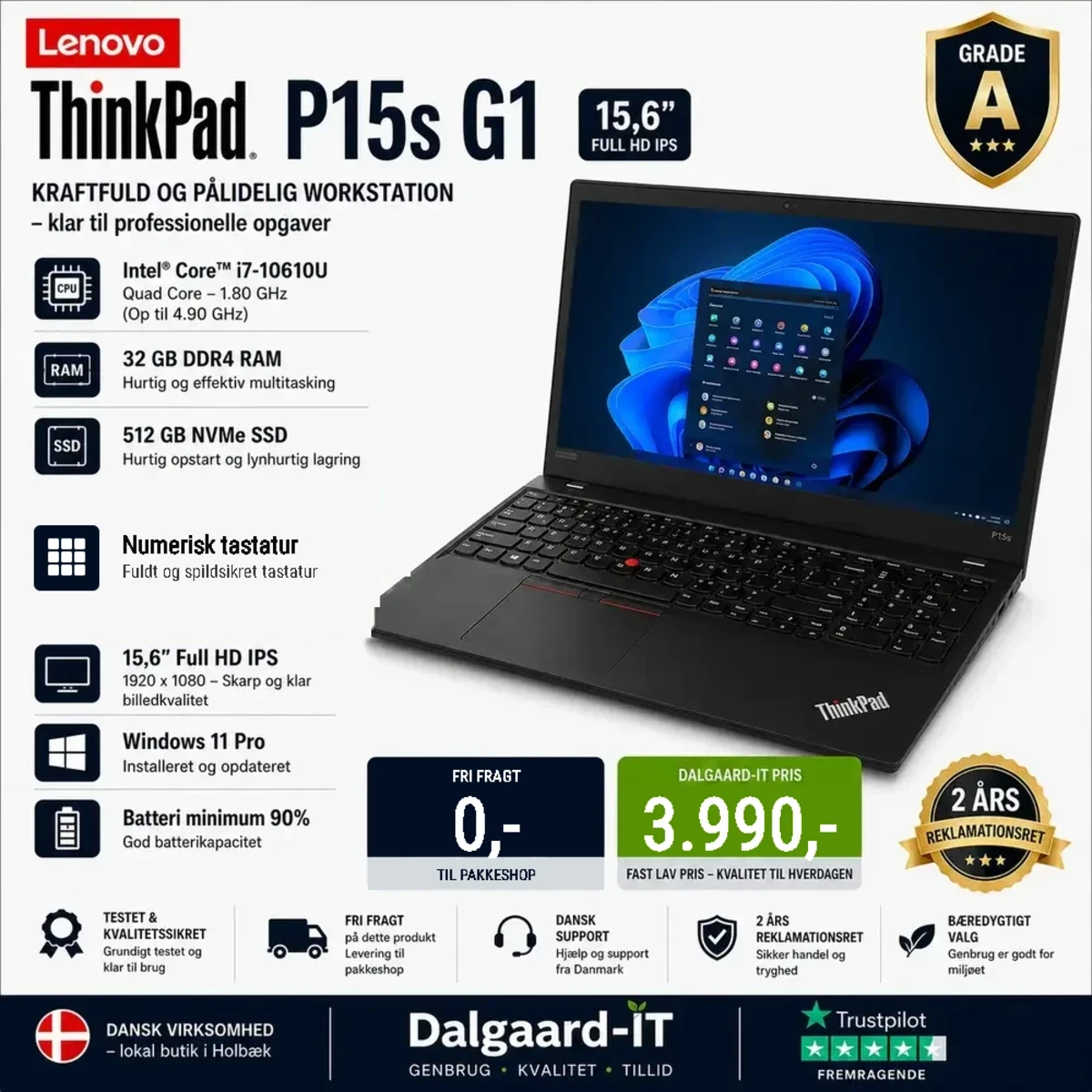 Lenovo ThinkPad P15s G1 i7-10610U 32GB 512GB Quadro P520  Grade A — produktfoto